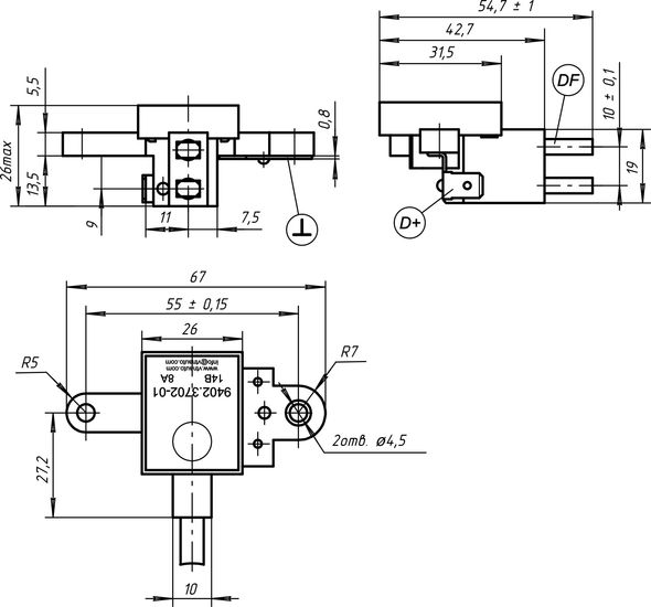 Dimensional drawing of the voltage regulator 9402.3702-01 8A