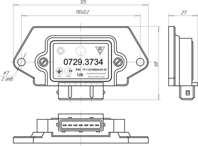 Габаритный чертеж коммутатора 0729.3734