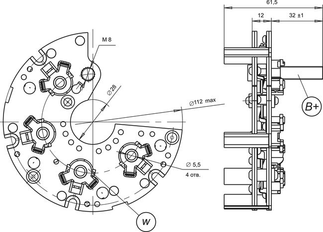 Dimensional drawing of restrictive rectifier unit BVO11-150-04.93