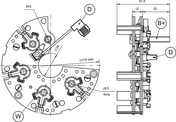 Dimensional drawing of restrictive rectifier unit BVO11-150-12.21