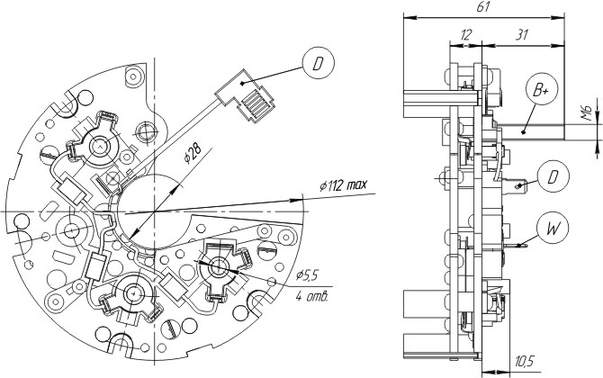 Dimensional drawing of restrictive rectifier unit BVO11-150-15.66