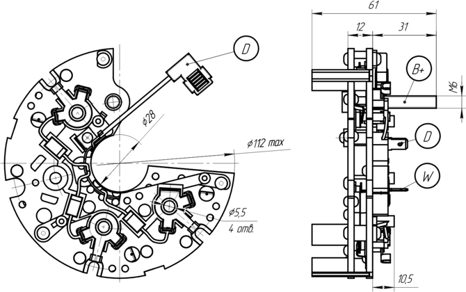 Dimensional drawing of restrictive rectifier unit BVO11-150-15M