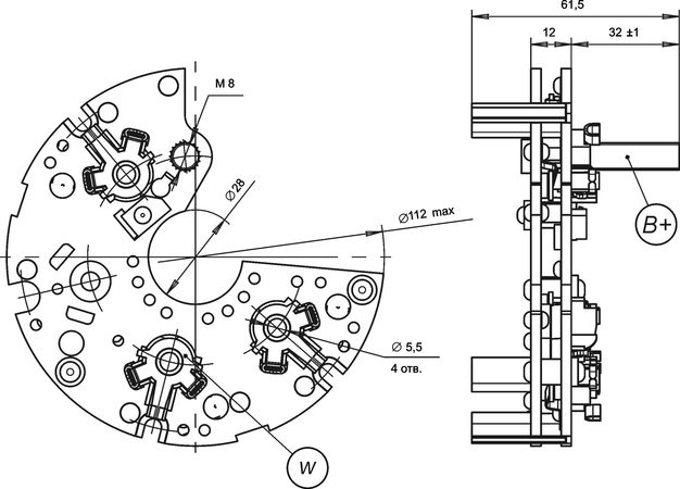 Dimensional drawing of restrictive rectifier unit BVO11-150-18.41