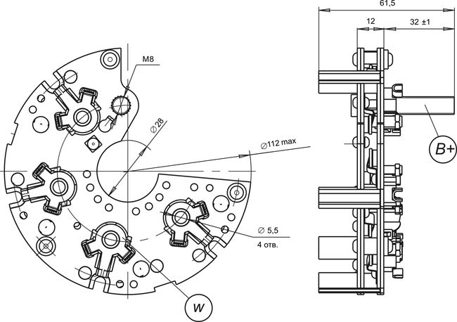 Dimensional drawing of restrictive rectifier unit BVO11-150-19.45