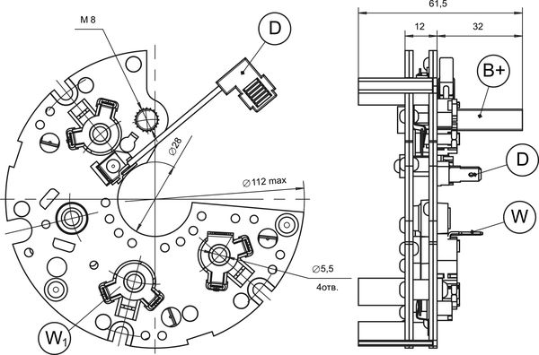 Dimensional drawing of restrictive rectifier unit BVO11-150-20.86