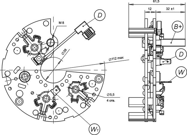 Dimensional drawing of restrictive rectifier unit BVO11-150-20M