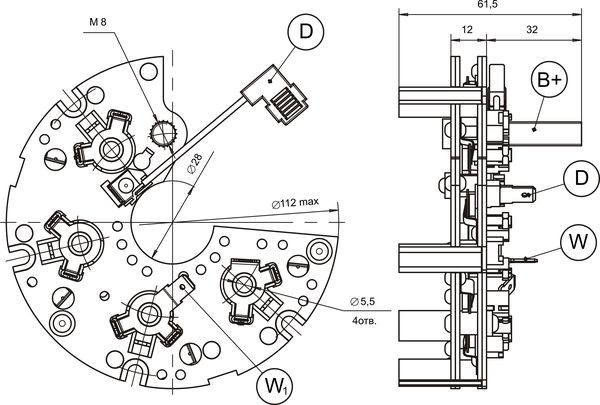 Dimensional drawing of restrictive rectifier unit BVO11-150-04.93
