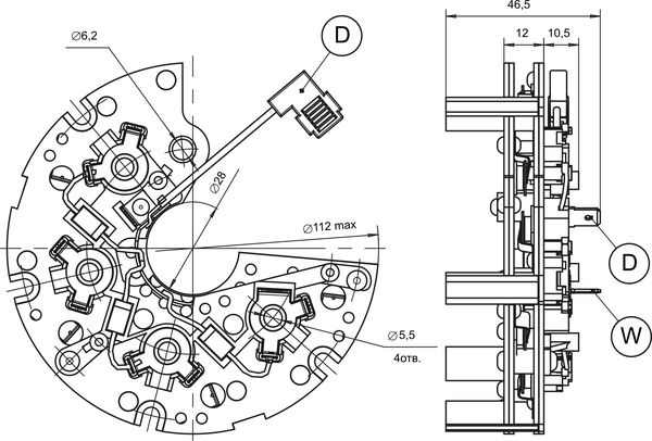 Dimensional drawing of restrictive rectifier unit BVO11-150-23.54