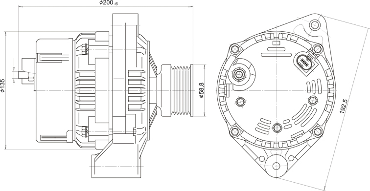 Dimensional drawing of automobile alternator 1119.3701