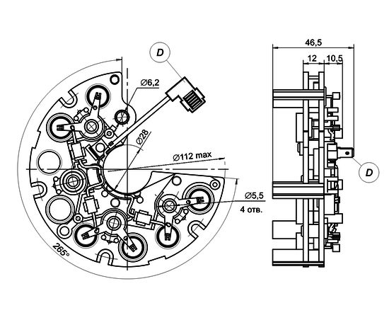 Dimensional drawing of  restrictive rectifier unit BVO21-150-07