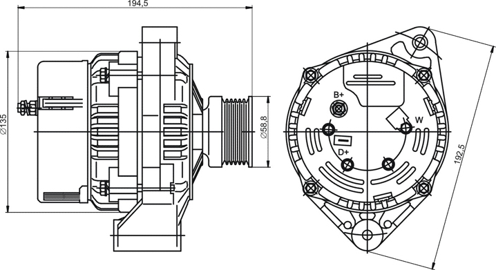 Dimensional drawing of automobile alternator 2112.3701