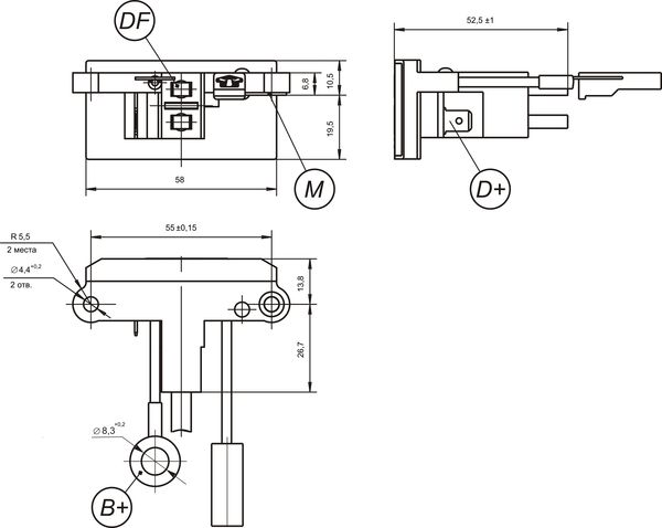 Dimensional drawing of the voltage regulator 9333.3702-25 version 12