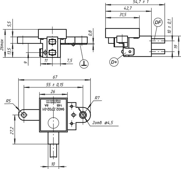 Габаритный чертеж регулятора напряжения 9402.3702-01 8A