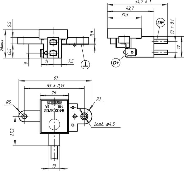 Dimensional drawing of the voltage regulator 9402.3702 8A