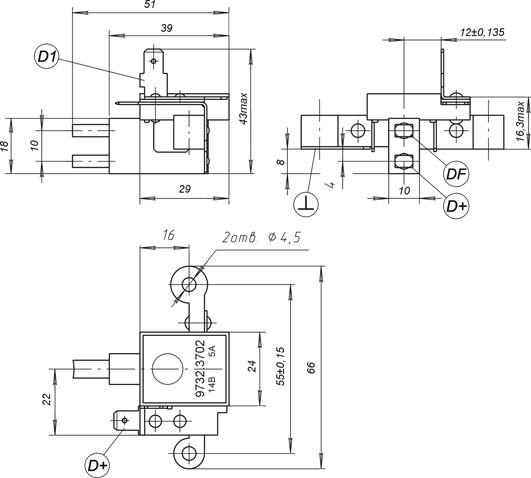 Dimensional drawing of the voltage regulator 9732.3702