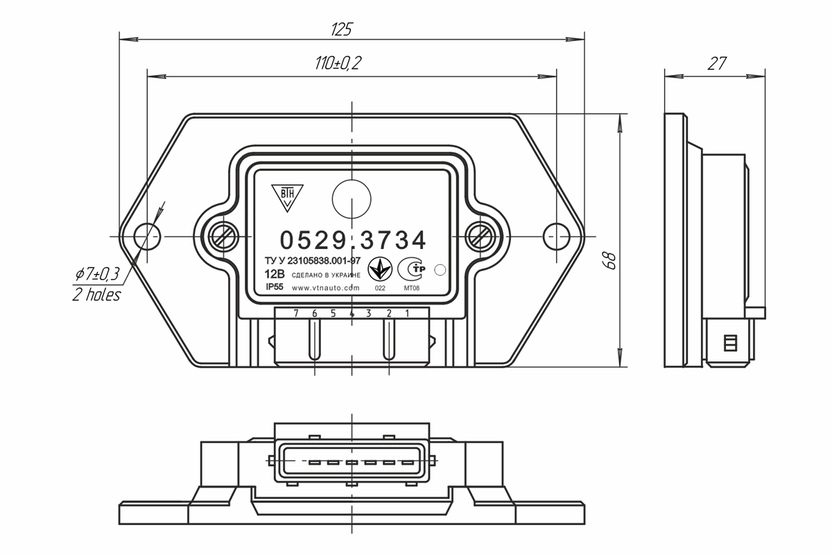 Dimensional drawing of ignition controller 0529.3734