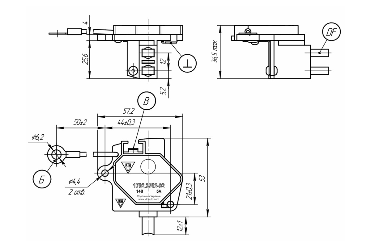 Dimensional drawing of the voltage regulator 1702.3702-02