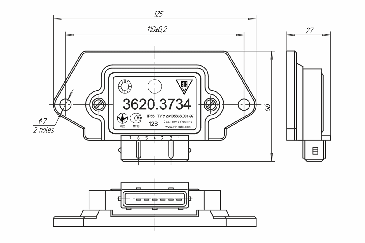 Dimensional drawing of ignition controller 3620.3734