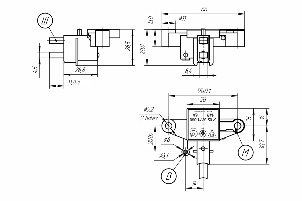 Dimensional drawing of voltage regulators 5102.3702, 5102.3771.060