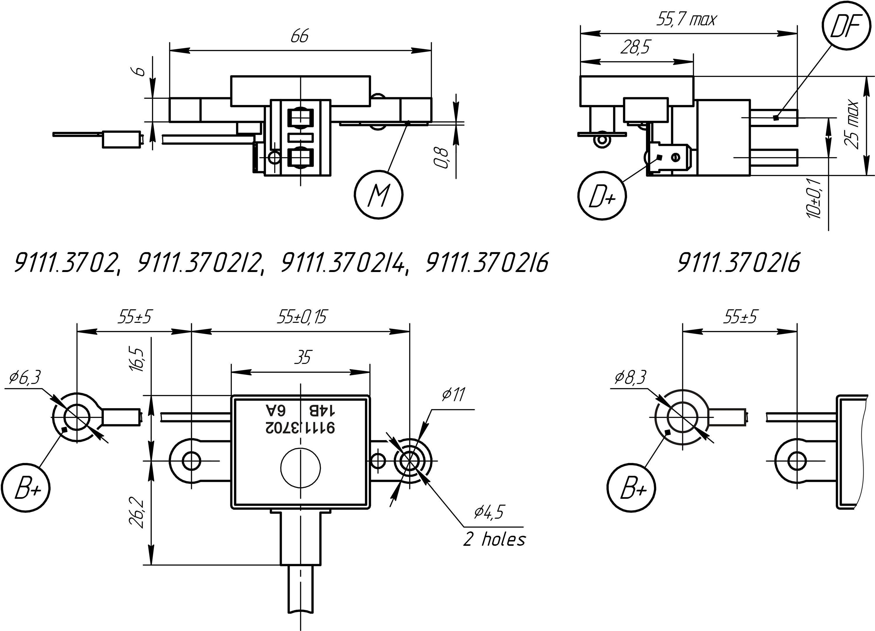 Dimensional drawing of the voltage regulators 9111.3702, 9111.3702I2, 9111.3702I4, 9111.3702I6