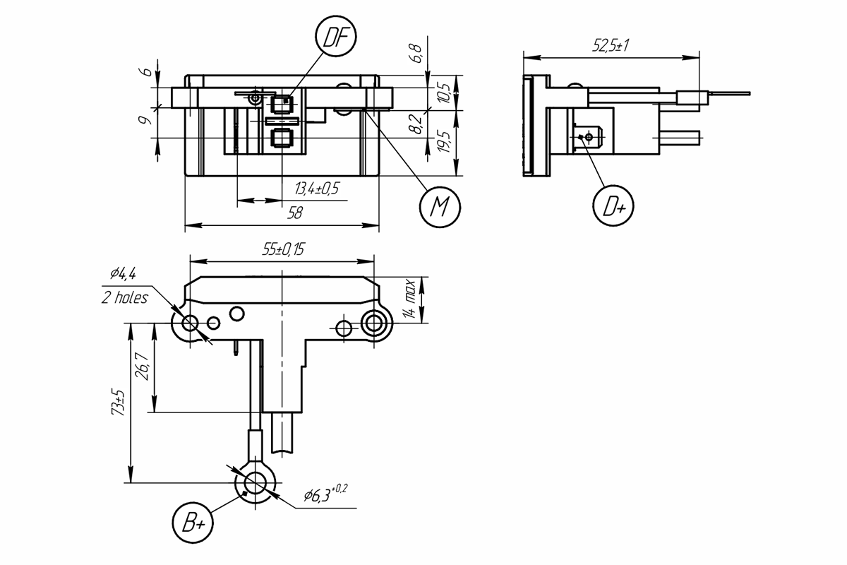 Dimensional drawing of voltage regulator 9333.3702-02