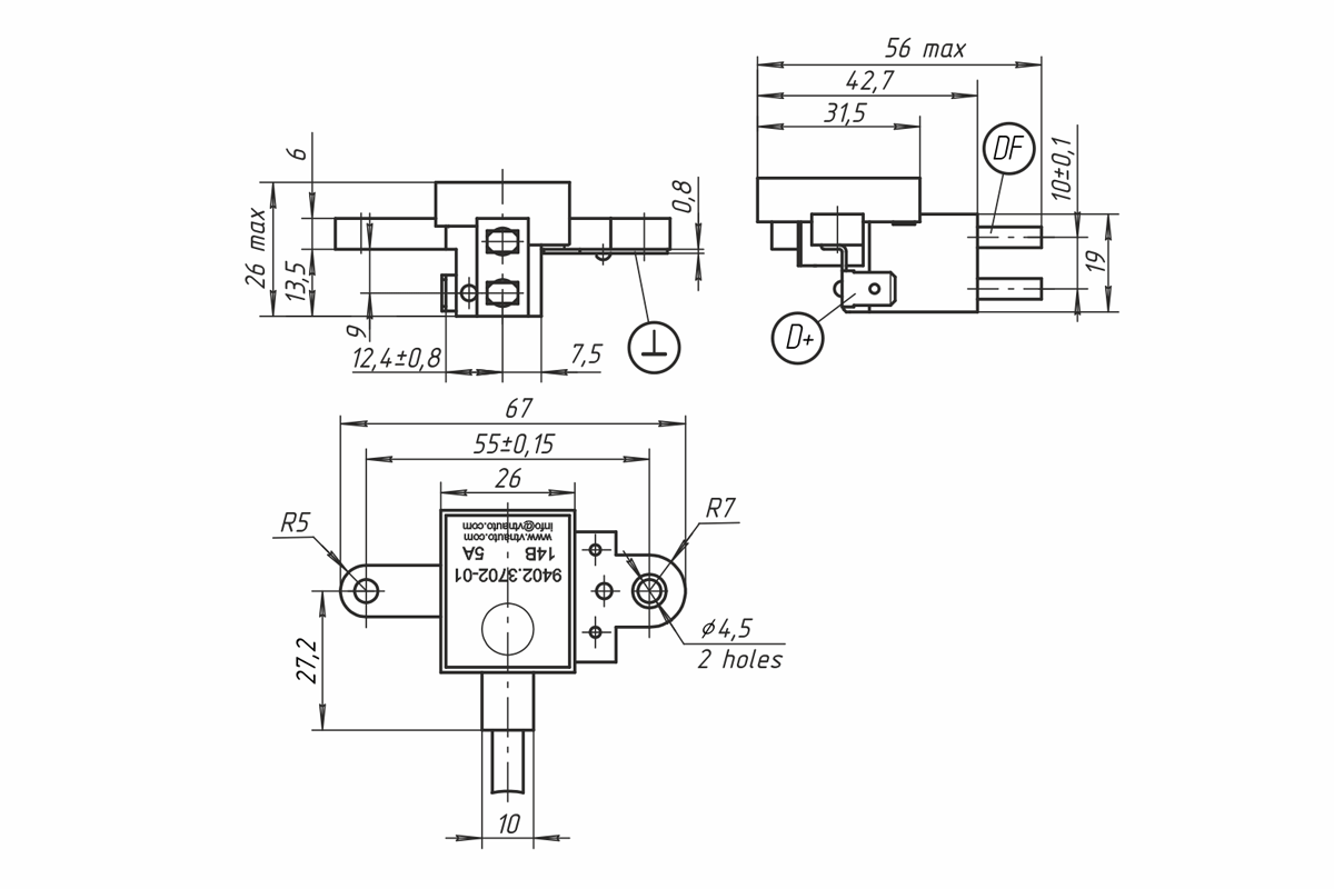Dimensional drawing of voltage regulators 9402.3702-01, 9402.3702-02