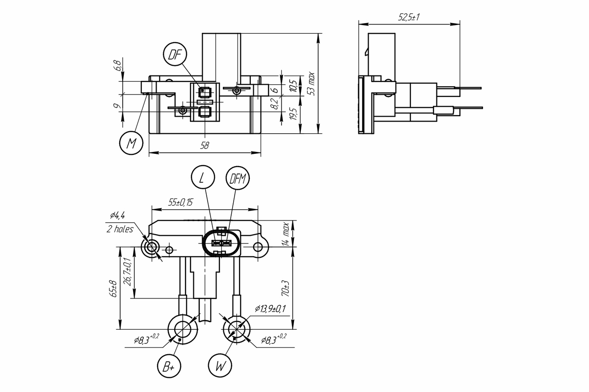 Dimensional drawing of voltage regulator 9555.3702