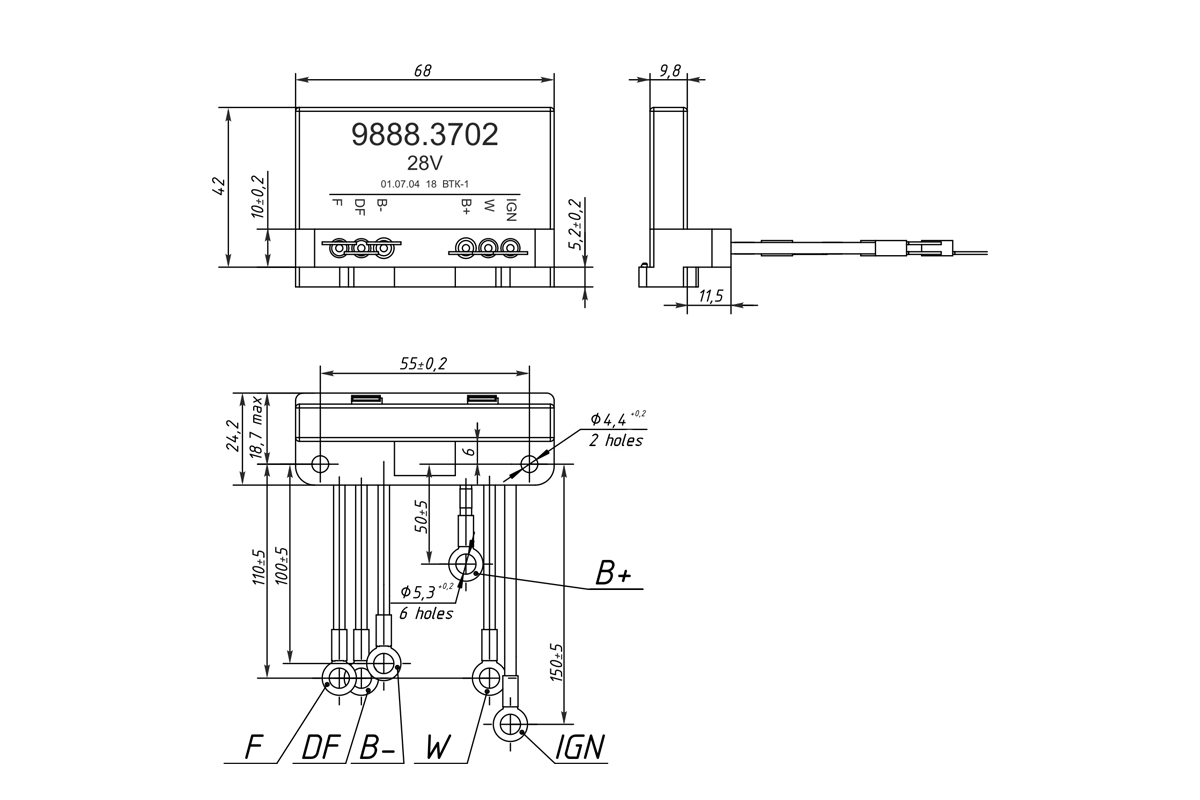 Dimensional drawing of voltage regulator 9888.3702